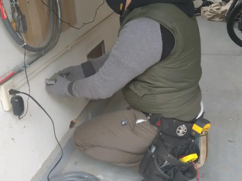 Electrician performing outlet wiring in a Franklin Farm garage